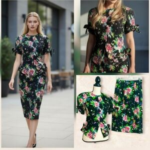 Vintage 90s Julie Francis skirt suit floral with bows size 4